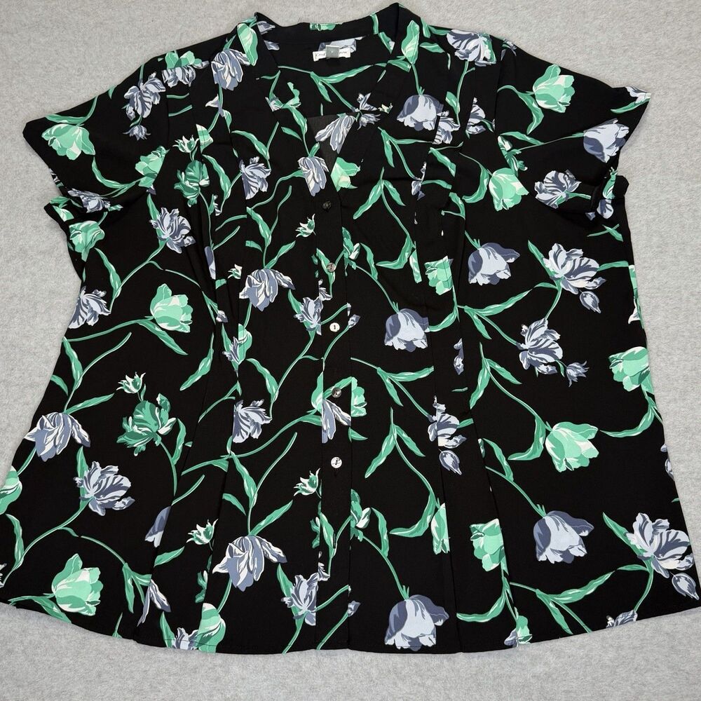 Croft & Barrow Women's 2X Top Black with Green Flowers pleated Blouse‎